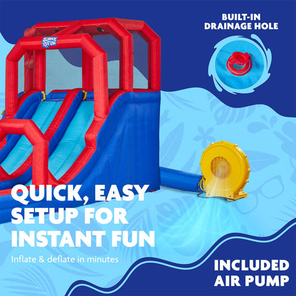 Sunny & Fun Mega Climb N’ Go Inflatable Water Slide Park – Heavy-Duty for Outdoor Fun - Climbing Wall, 2 Slides & Deep Splash Pool – Easy to Set Up & Inflate with Included Air Pump & Carrying Case