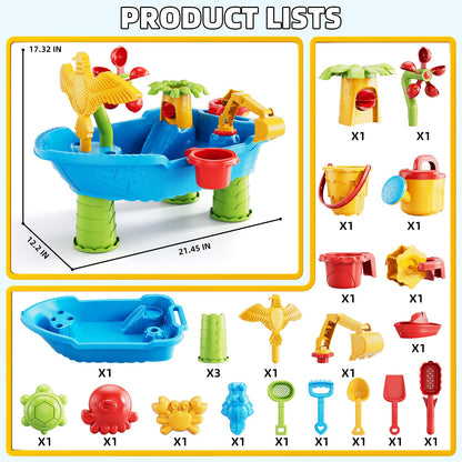 Kids Sand Water Table for Toddlers 1-3 3-5 Years, Outdoor Activity Play Set with Beach Toys, Shovels & Molds, Summer Outdoor Beach Outside Backgard Sensory Toys for Kids Boys Girls 1.5+ Years