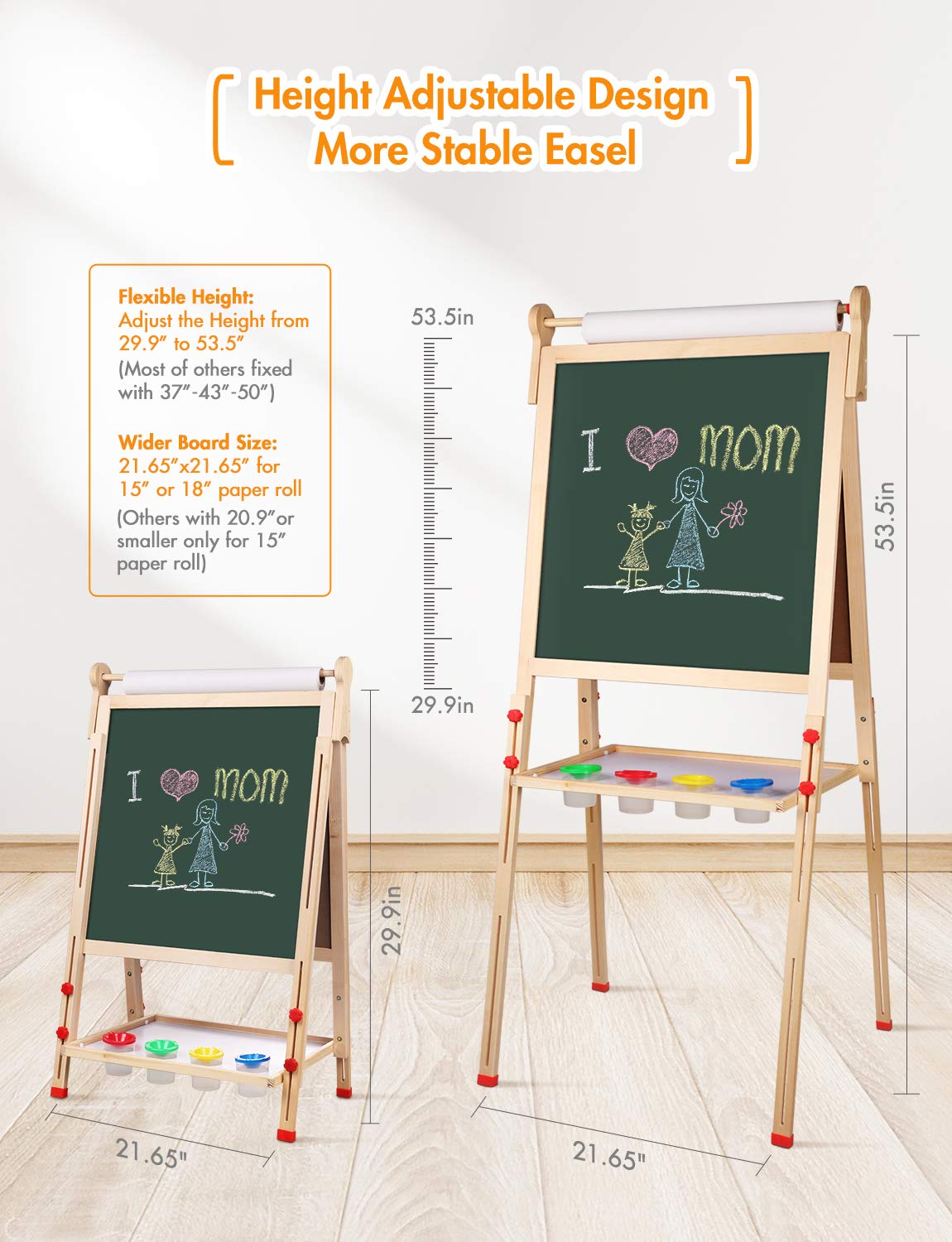 YOHOOLYO Kids Easel Wooden Children Art Easel Paper Roll,Double Sided Magnetic Whiteboard Chalkboard Dry Eraser Adjustable Height for Boys Girls Gifts