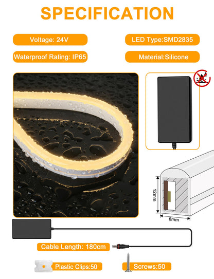Lamomo Neon Rope Lights 65.6Ft, Waterproof Warm White LED Strip Lights, 3000K Silicone Flexible Cuttable 24V Led Lights for Bedroom, Outdoor,Indoor, Kitchen, DIY Design, Cabinet
