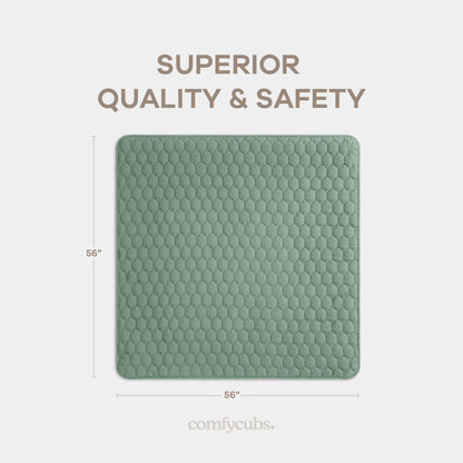 Comfy Cubs Square Kids Play Mat - 56 x 56 inches Soft Quilted Baby Floor Mat with Non-Slip Bottom - Plush Design for Toddlers' Playtime - Comfortable and Durable - Fern