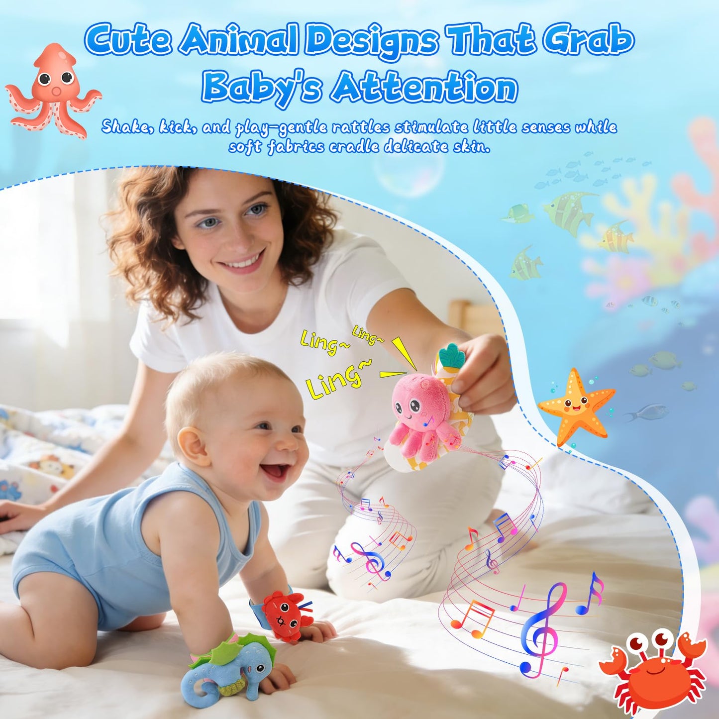 Zendstanding Baby Wrist Rattle Foot Finder Socks Set, CPC Safe Sensory Plush Toys for 0-12 Months Newborn Boys Girls, Ocean Rattles Baby Shower Registry Gift for Expecting Moms Essentials