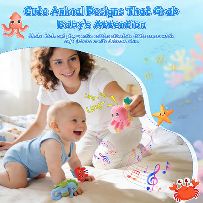 Zendstanding Baby Wrist Rattle Foot Finder Socks Set, CPC Safe Sensory Plush Toys for 0-12 Months Newborn Boys Girls, Ocean Rattles Baby Shower Registry Gift for Expecting Moms Essentials