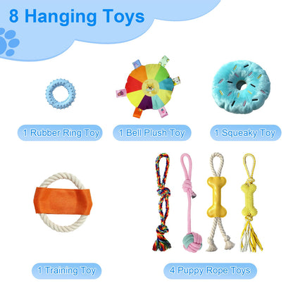 LemSen Puppy Play Gym with 8 Hanging Toys - Indoor Jungle Gym for Small Dogs, Interactive Enrichment Activity Center for Puppies, 19.5" PVC Frame with Teething Squeaky Toys to Keep Them Busy