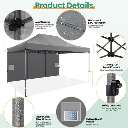 COBIZI 10x15 Heavy Duty Pop up Canopy Tent with 4 sidewalls, Commercial Outdoor Tents for Parties,Backyard Event, Wedding, All Season Waterproof Event Shelter with Carry Bag, Gray(Frame Thickened)