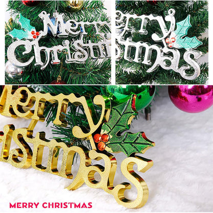 Merry Christmas Signs, 2Pcs Christmas Word Glittery Hanging Signs with Holly Berries and Leaves for Xmas Holiday Party Home Decoration. (Gold+Silver)