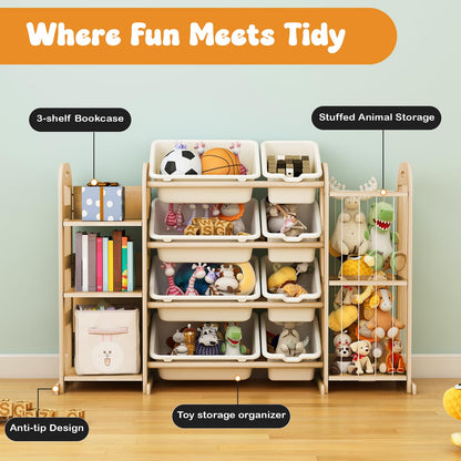 Wooden Toy Storage Organizer, Toy Organizers & Storage with Stuffed Animal Storage, Toy Storage Shelf with 3 Shelves, 8 Storage Bins, Kids Bookshelf, Toy Holder for Toddler Rooms, Playrooms, Bedrooms