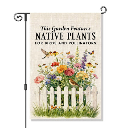 Vgrti This Garden Features Native Plants for Birds and Pollinators Garden Flag, Pollinator Friendly Yard Sign, Gardening Flag Gifts for Hummingbird Lovers, Welcome Yard Farmhouse Spring Outdoor Decor