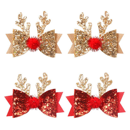 Ulfanit Christmas Hair Clips, Red Gold Sequined Bow Antler Hair Clip Hairpin Xmas Gift, Cute Sparkly Hair Accessories Christmas Costume, New Year, Winter Holiday Celebration, Birthday Party Gift