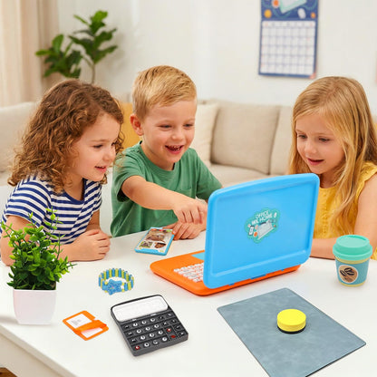 XIAPIA 10 Pcs Pretend Play Home Office Toys, Pretend Play for Toddlers 3-5-7, Pretend Play Sets with Kids Laptop, Pop-Up Calculator, Notebook, Watch, Coffee & Plant, Birthday Gift for 3 4 5 6 7 Year
