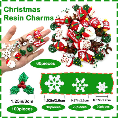 Yxtwaeh 210 Pcs Mini Christmas Decorations for Crafts, Holly Leaves with Berries Miniature Snowflake Resin Charms Santa Snowman Flatback Embellishments for Xmas Wreath DIY Craft