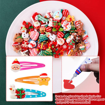 Vellibring 120PCS Christmas Cute Resin Flatback Slime Charms，60 Styles Bulk Christmas Cartoon Making Kit Decorations for Holiday DIY Craft Phone Cases Nails Scrapbooking
