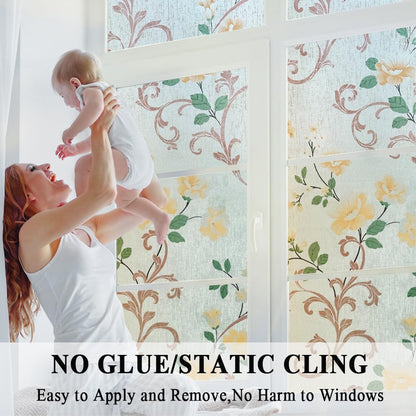 No Glue Window Films Elegant Flower Static Cling Glass Door Film Frosted Privacy Etched Tints Covers Decal,Anti-UV,Heat Control for Home and Office Decoration,17.5x78.7In.