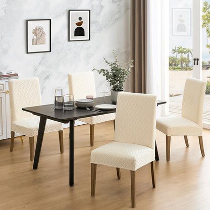 MOSAYT 100% Waterproof Dining Room Chair Covers Set of 6, Super Fit Stretch Jacquard Parson Chairs Slipcovers Removable Washable Chair Seat Protectors for Home, Kitchen, Banquet (Beige)