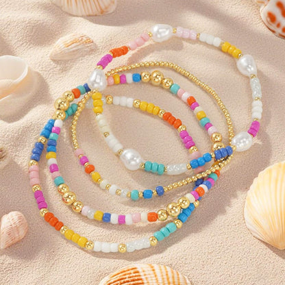 Bohxantium Gold Beaded Bracelets for Women Stack - Boho 14K Gold Plated Stretch Stackable Bracelets Set Pearl Colorful Seed Beads Trendy Dainty Jewelry Summer Beach Jewelry Gift
