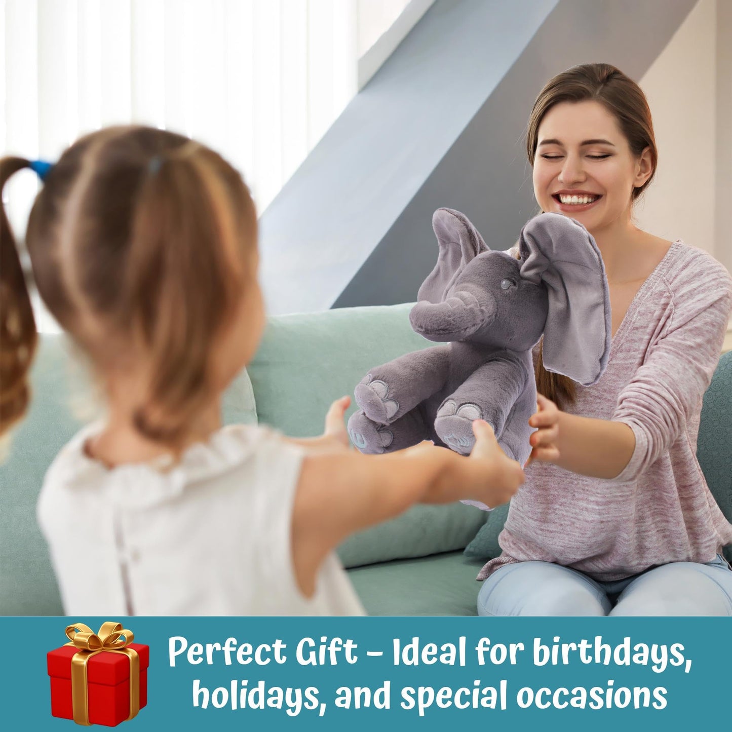 Dimple Emery Peek A Boo Elephant Toy, Interactive Singing Stuffed Elephant Plush with Moving Ears, Musical Stuffed Animal for Babies and Toddlers, Adorable Baby Toy - Adorable Gift for Grandchild