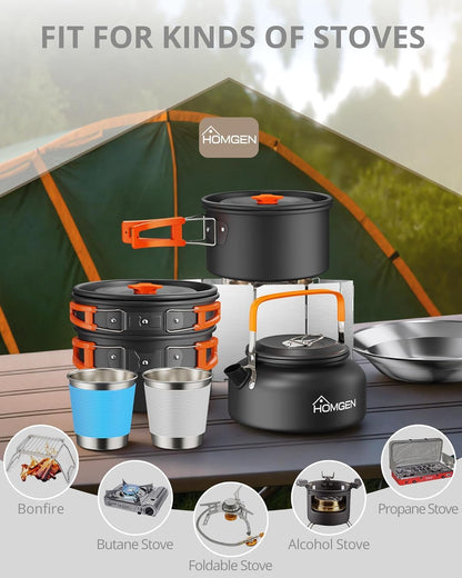 HOMGEN Portable Camping Cooking Set with Folding Windscreen-Lightweight Aluminum Camp Pots and Pan-800ml Teapot- 2 Cups & Plates- Complete Camping Mess Kit for Hiking Picnic Camping RV Trevel Trip