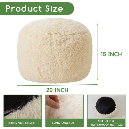 HIGOGOGO Round Stuffed Pouf Ottoman, Long Faux Fur Poufs with Foam Chunk Filling, Fluffy and Furry Pouf Foot Stool Storage Ottoman, 20 X 15 Floor Poufs Foot Rest for Living Room, Beige