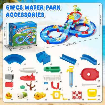 VATOS 2-Tier Outdoor Water Table Toys for Kids, 61PCS DIY Summer Waterways Playset with Pump, Toddler Water Park Toys for Pool Backyard Beach, Sensory Activity Fun Toy Gift for Boys Girls 3-5 4-8