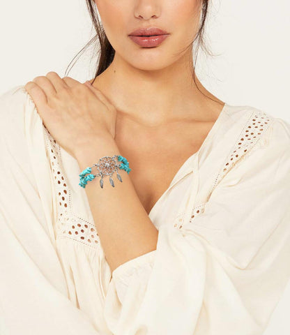 DOLIOX Boho Genuine Turquoise Bracelet for Women Western 925 Sterling Silver Gemstone Dream Catcher Bracelet Jewelry for Wife Mom Her