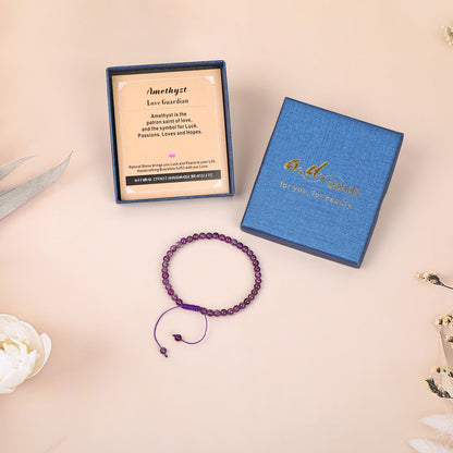 AD Beads 4mm Amethyst Bracelet - Stone of Love Guardian - Handmade Natural Stone Crystal Bracelet with Adjustable Macrame String - Yoga Healing Power Energy Gifts for Men and Women