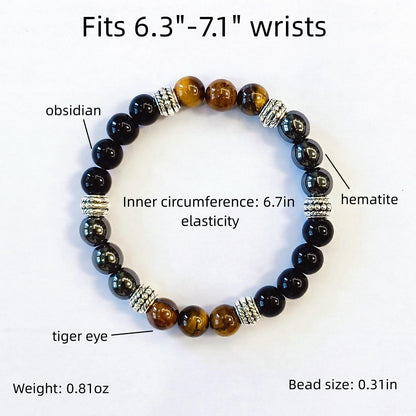 WEFRIN Triple Protection Bracelet for Bring Luck and Prosperity Hematite Black Obsidian Tiger Eye Stone Bracelets for Men Women, Beaded Buddha Healing Rope Uni Bracelet (2pcs)