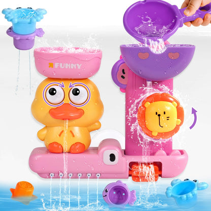 Baby Bath Toys for Kids Ages 1-3 Interactive Toddler Bath Toys Duck Learning Mold Free Shower Tub Toys for 1+ Year Old Girl Gifts with 3 Stacking Cups & 1 Water Spoon(Pink)