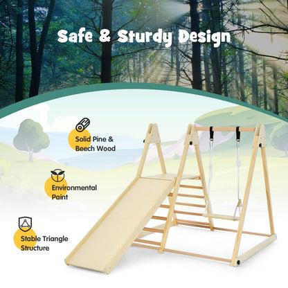 OLAKIDS Indoor Jungle Gym 4 in 1 Foldable Toddler Wooden Montessori Baby Climbing Toys with Swing Slide Ramp Ladder for Kids Playground Climb Activity Play Structure