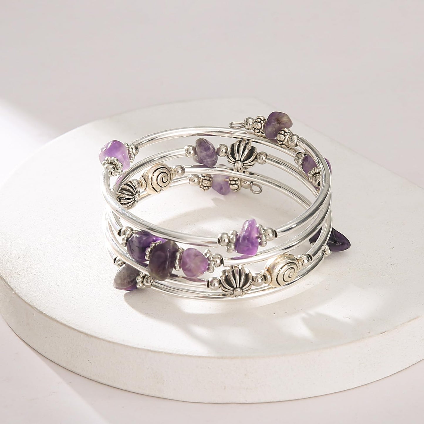FULU AUTUMN Stone Silver Bangle Wrap Bracelet Boho Turquoise Crystal Chips Bead Bracelets Fashion Jewelry Birthday Gifts for Women(19-Purple)