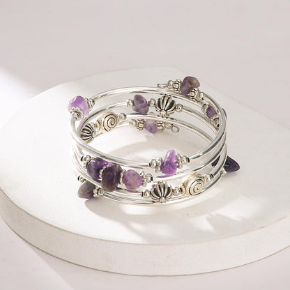 FULU AUTUMN Stone Silver Bangle Wrap Bracelet Boho Turquoise Crystal Chips Bead Bracelets Fashion Jewelry Birthday Gifts for Women(19-Purple)