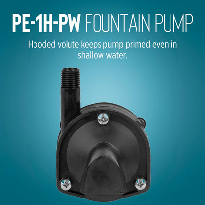 Little Giant PE-1H-PW 115 Volt, 1/125 HP, 186 GPH Epoxy Encapsulated Small Submersible Pump for Fountains and Shallow Water Applications, Hooded Volute and Flow Control Valve, 6-Ft Cord, Black, 566604