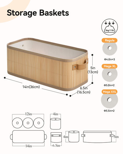 Narrow Storage Bins, Small Basket for Closet and Shelves, Bamboo Toilet Paper Storage Organizer with Handles for Countertop-Bathroom-Home Decor, 2-Pack