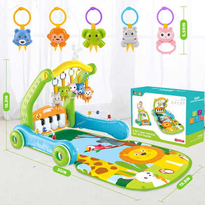 4-in-1 Baby Gym Play Mat with Learning Walker, Tummy Time Mat & Baby Push Toys for Newborn Infant 0-3-6-9-12 Month Boy Girl, Babies Activity Center with Play Piano & Lights, Ideal Toddler Baby Gifts
