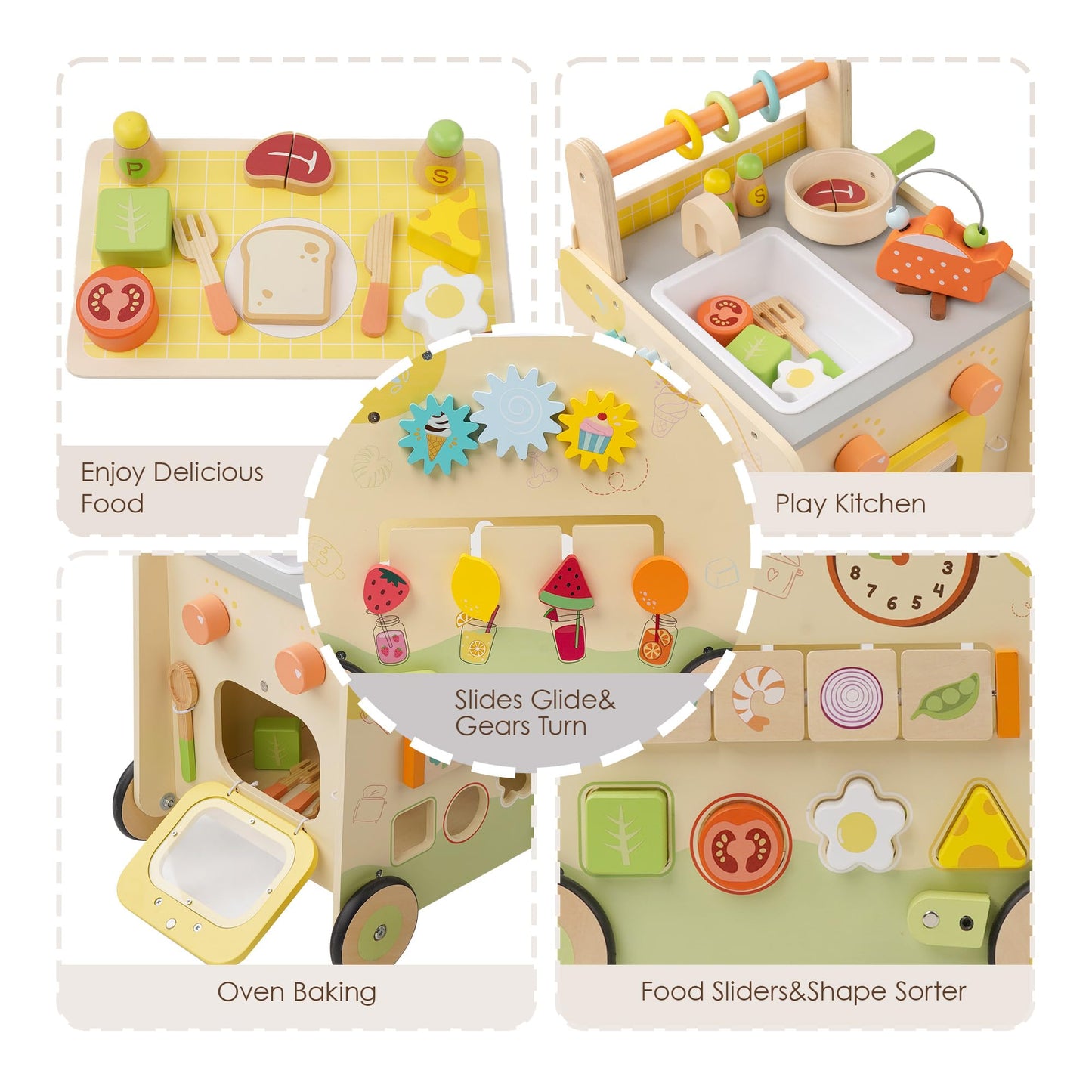 Wooden Baby Walker 3-in-1 Push Toy for Toddlers, Montessori Sensory Activity Center with Pretend Kitchen, Adjustable Speed Learning Walker, Safe Wooden Toy, Ideal Gift for Boys and Girls