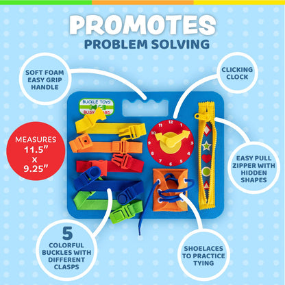 Buckle Toys Busy Board - Montessori Learning Toy for Toddlers Kids Road Trip Activies - Foam Sensory Board - Develop Fine Motor Skills - Blue