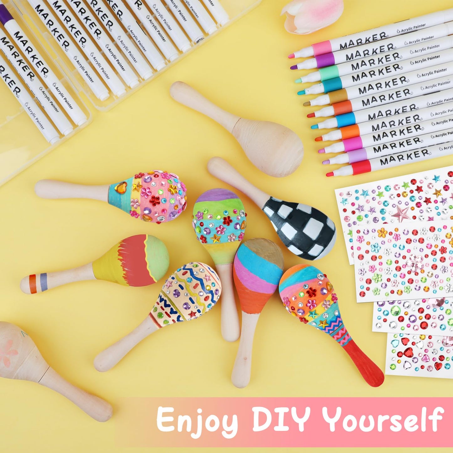 60 PCS Mini Wooden Maracas for Kids, Unfinished DIY Maracas with Multicolor Pens and Gem Stickers for Mexican Fiesta Cinco De Mayo Painting Shakers Baby Musical Toys Birthday Party Favor Supplies