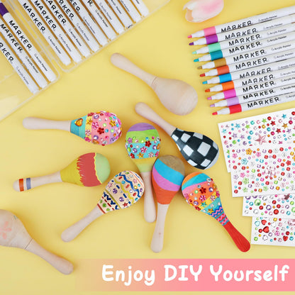 60 PCS Mini Wooden Maracas for Kids, Unfinished DIY Maracas with Multicolor Pens and Gem Stickers for Mexican Fiesta Cinco De Mayo Painting Shakers Baby Musical Toys Birthday Party Favor Supplies