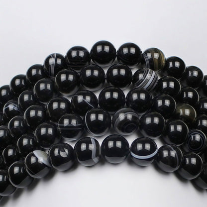 MJDCB Natural Black Striped Agate Round Loose Beads for Jewelry Making DIY Bracelet Necklace (10mm)
