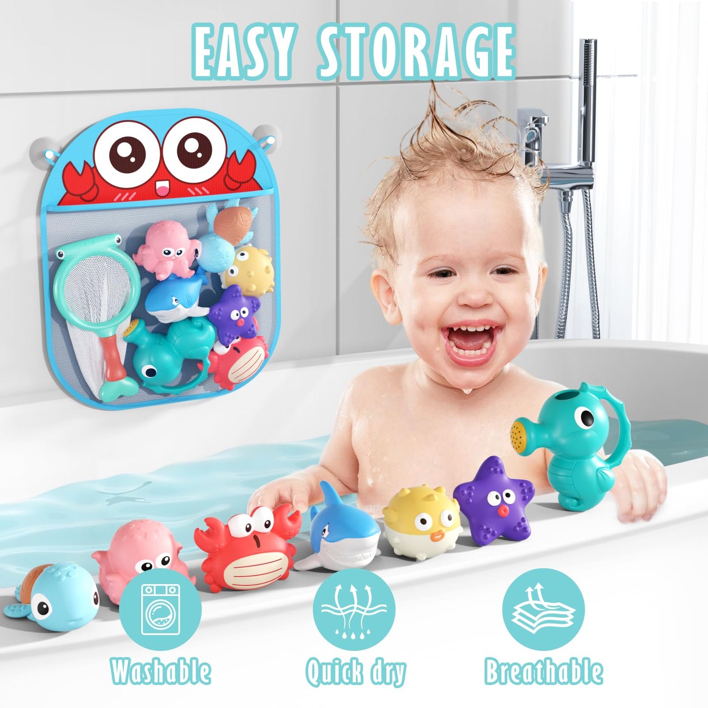 Mold Free Baby Bath Toys for Toddlers 1-3, No Hole Ocean Animal Bathtub Set with Mesh Organizer, Sensory Water Play for Infants 6-12 Months