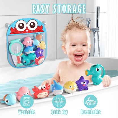 Mold Free Baby Bath Toys for Toddlers 1-3, No Hole Ocean Animal Bathtub Set with Mesh Organizer, Sensory Water Play for Infants 6-12 Months