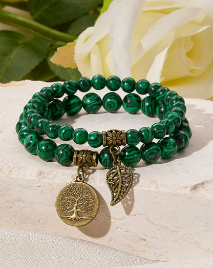 Bivei Natural Semi-Precious Gemstone Malachite Beaded Bracelets - Life Tree and Leaf Charm Crystal Beads Stretch Bracelet for Women Protect Negative Energy