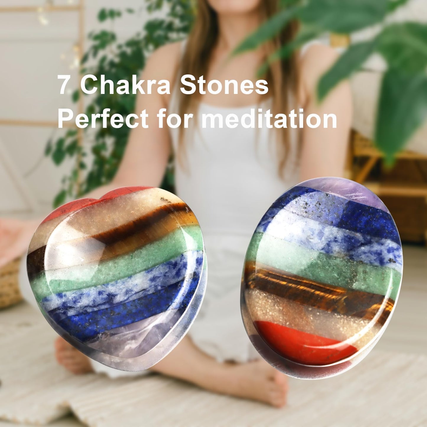 2PCS Worry Stones for Anxiety, 7 Chakra Thumb Oval Heart Crystals Healing Stones, Meditation Chakra Stones Healing Crystals, Natural Reiki Relax Palm Stone Stress Relief Gifts for Women Men