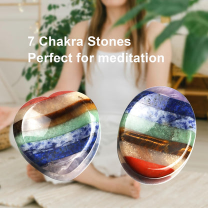 2PCS Worry Stones for Anxiety, 7 Chakra Thumb Oval Heart Crystals Healing Stones, Meditation Chakra Stones Healing Crystals, Natural Reiki Relax Palm Stone Stress Relief Gifts for Women Men