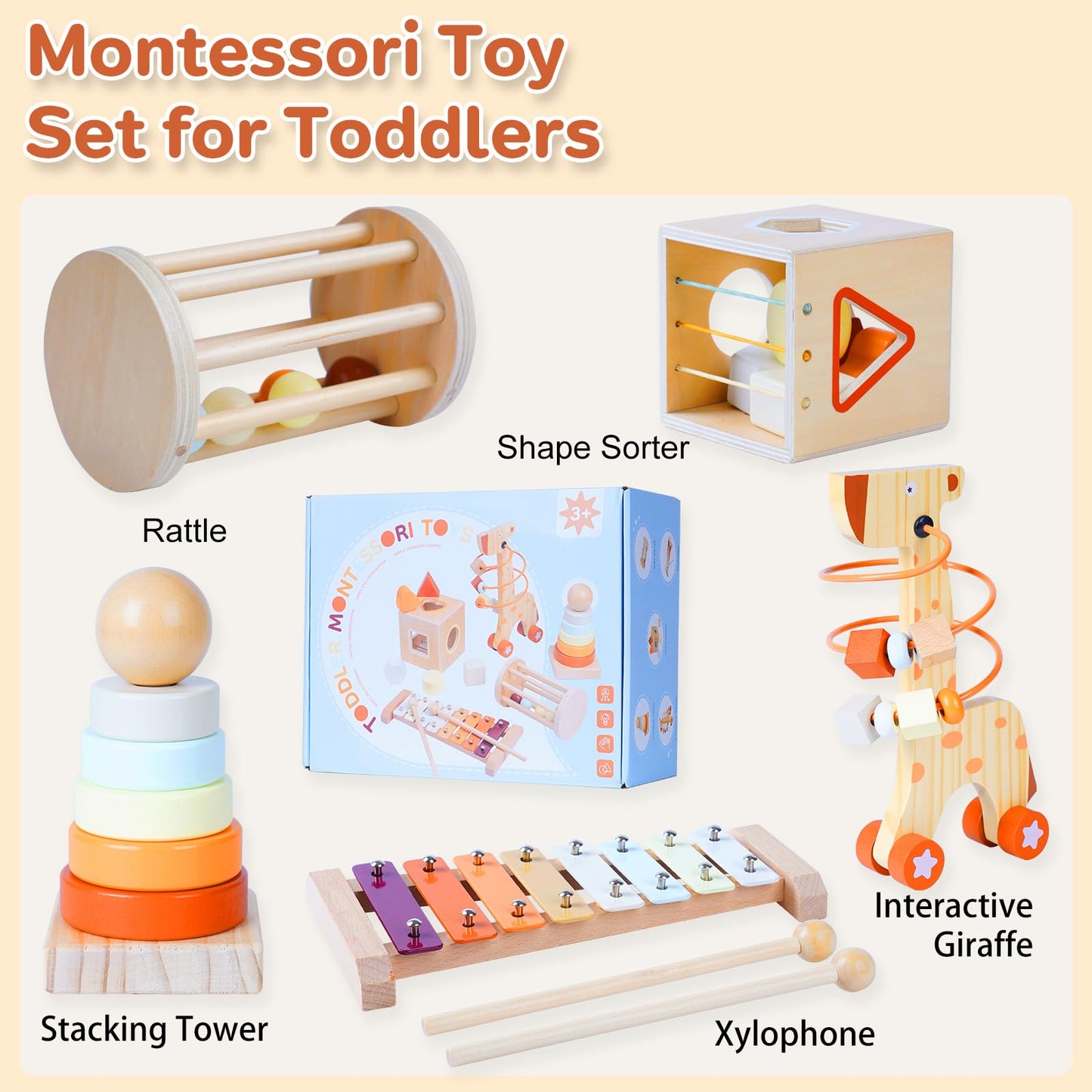 Smartwo Wooden Montessori Toys Set & Activity Busy Cube for Toddlers 1-3