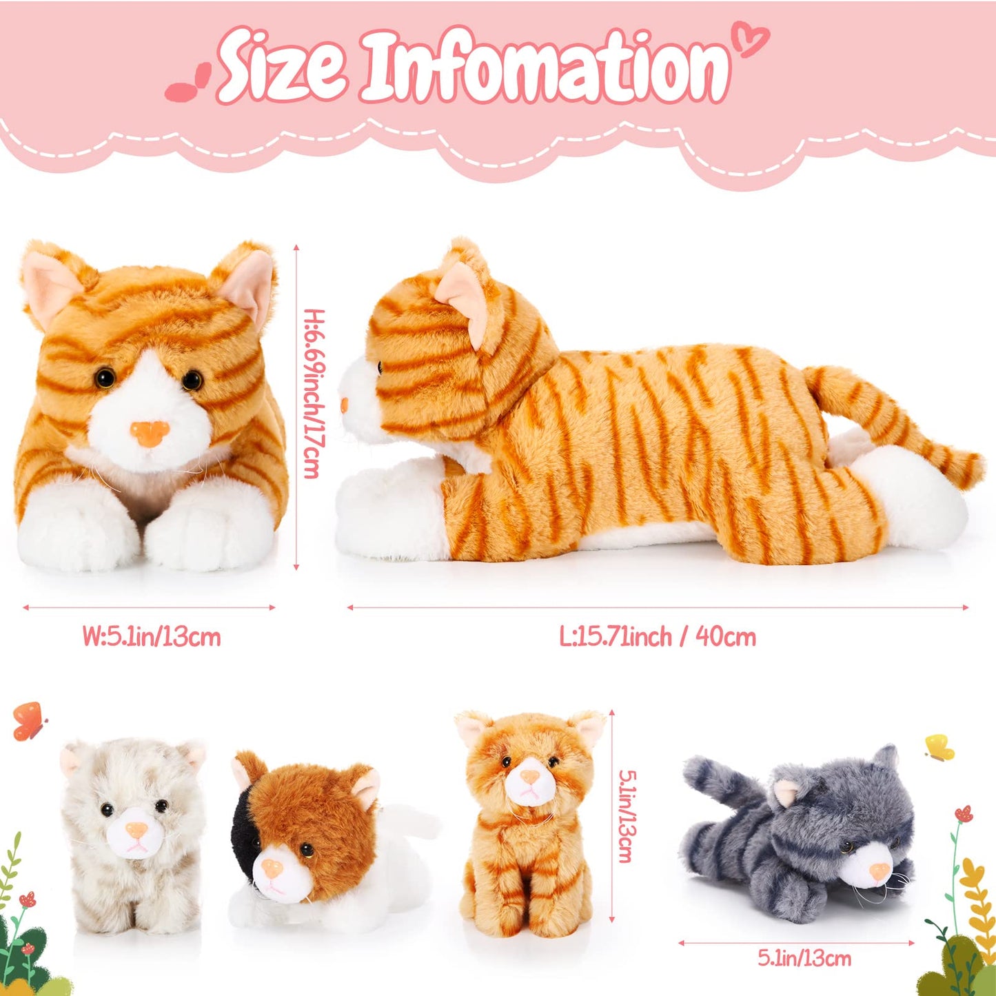 Skylety 5 Pieces Cat Stuffed Animal with Babies Inside Belly Plush Cat Pregnant Mommy Kitty with 4 Cute Fluffy Stuffed Kittens Christmas Birthday Surprise Gifts(Orange)