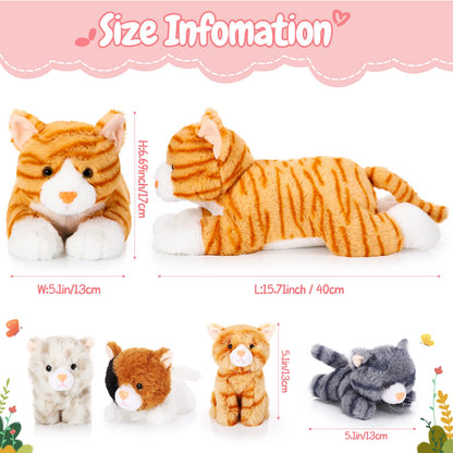 Skylety 5 Pieces Cat Stuffed Animal with Babies Inside Belly Plush Cat Pregnant Mommy Kitty with 4 Cute Fluffy Stuffed Kittens Christmas Birthday Surprise Gifts(Orange)