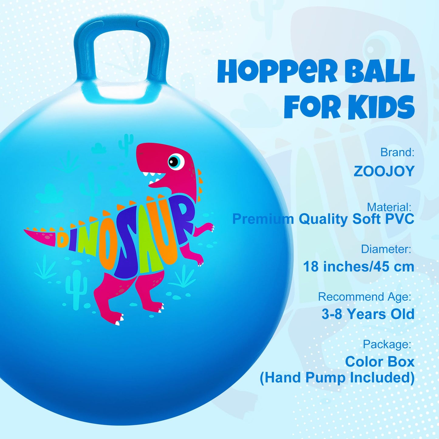 ZOOJOY Hopper Ball for Kids,18Inch Bouncy Ball with Handle - Blue Dinosaur Toys for 3-8 Years Old Boys Girls with Pump, Inflatable Toddler Bouncer Gifts for Indoor Outdoor Active Play