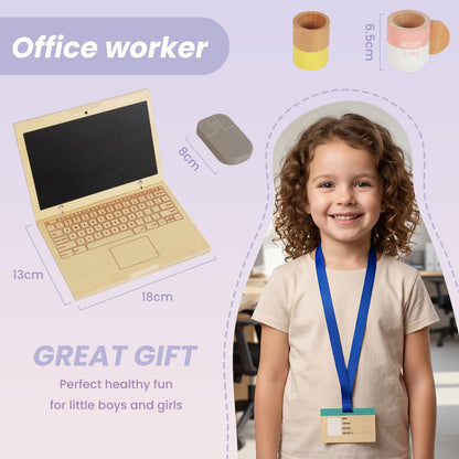 Wooden Pretend Play Home Office Set for Kids,10Pcs Office Playset with Wooden Toy Laptop & Phone,Toddlers Beverage Cup for Preschool Kid Ages 3+ Years