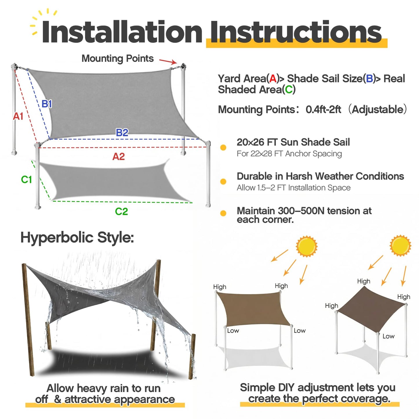 Sunnymove 20 x 26ft Sun Shade Sail for Patio Rectangle 185 GSM Heavy Duty UV Block Canopy Permeable Cover Outdoor Garden Deck Backyard Commercial Grade 95%-98% UV Protection Easy Installation(Sand)