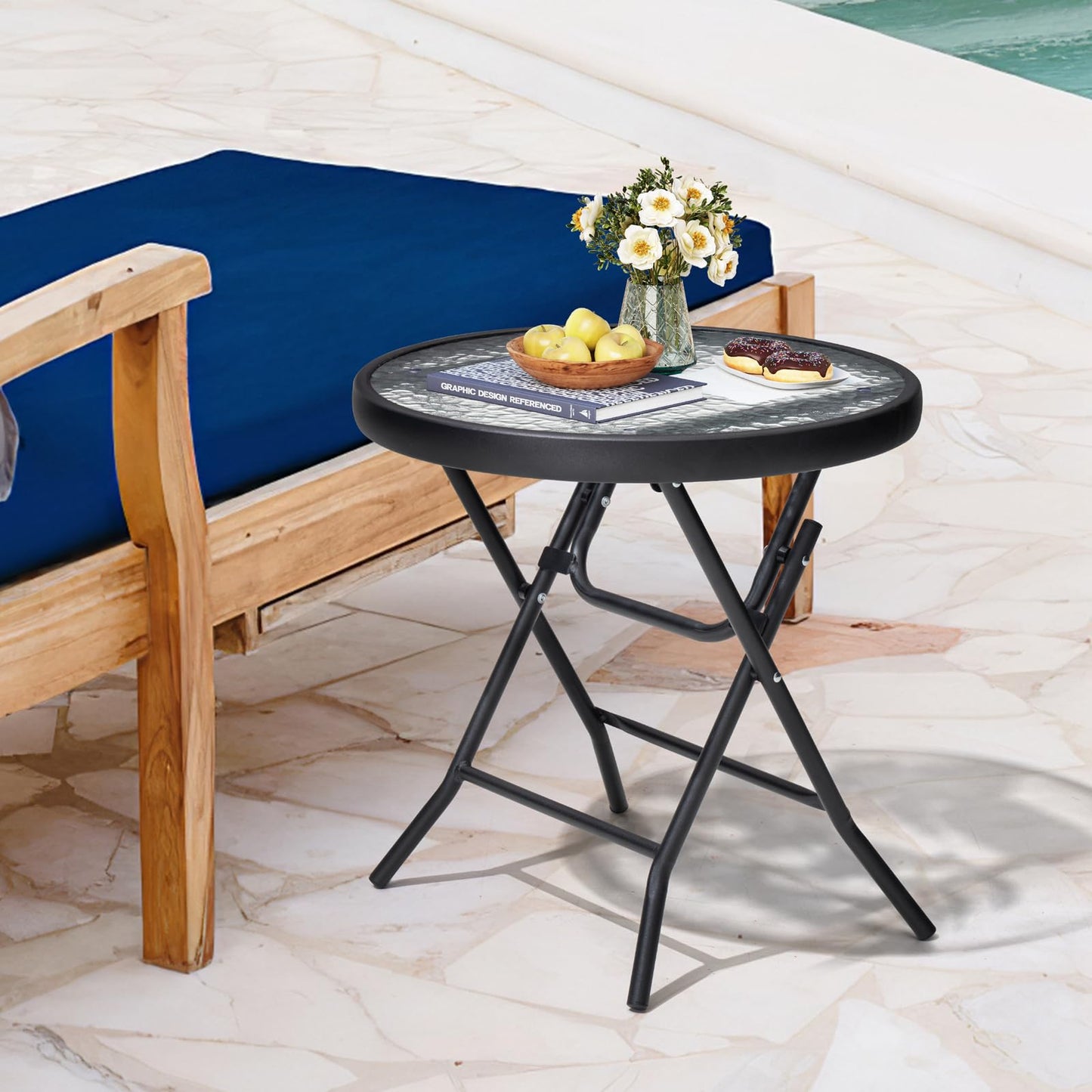 PATIOHIT Foldable Side Table with Tempered Glass Top 18" Outdoor Folding Side Tables Small Glass Patio Table for Porch Yard Balcony Deck Lawn Dining Garden (Black)